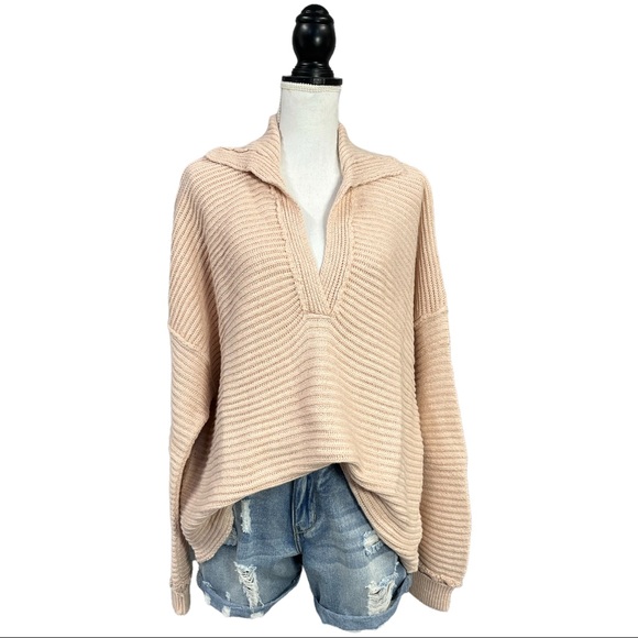 Free People Long Sleeve Collar Sweater Marlie Pullover Ribbed Dusty Pink L 0122 - Picture 8 of 11